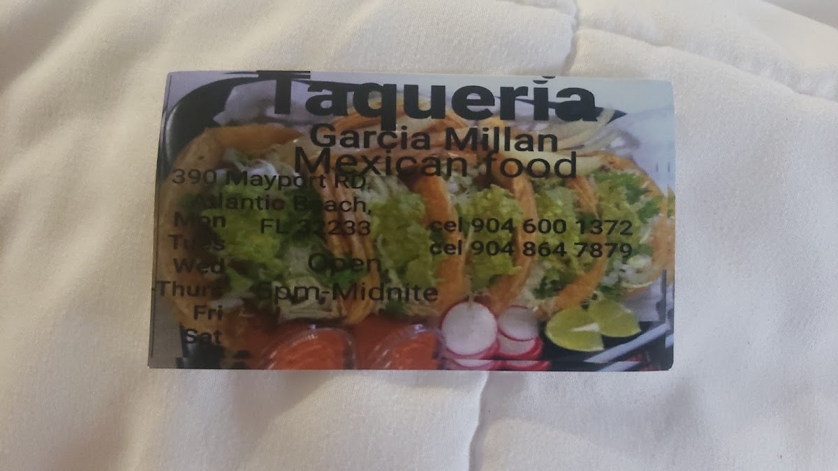 Taqueria Garcia Millan menu board