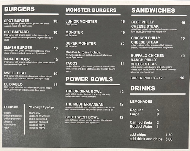 The Spot in Lufkin menu board