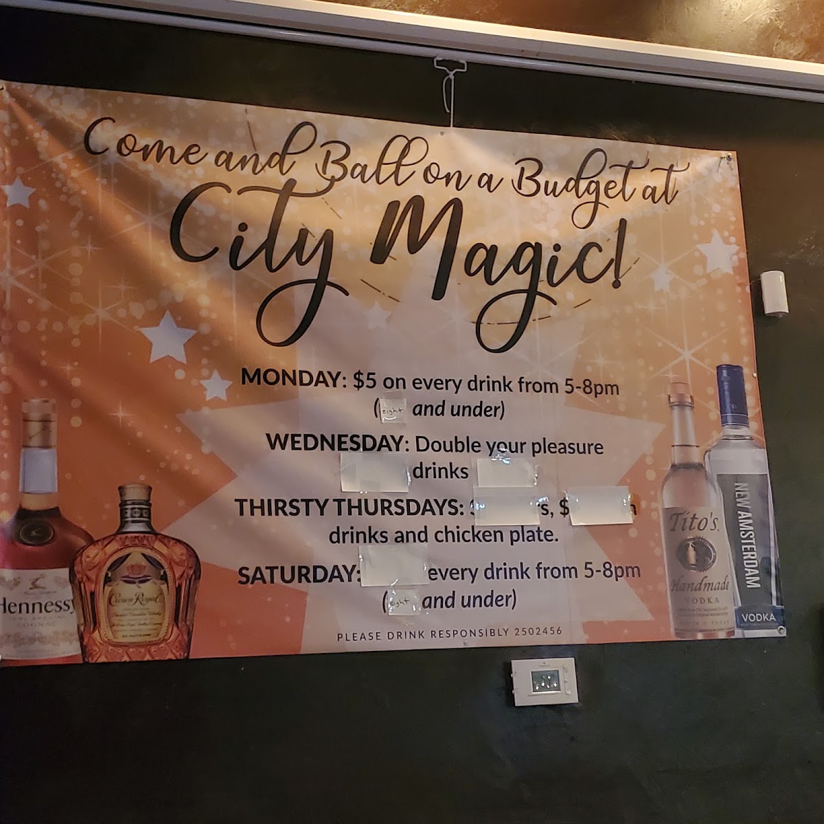 City Magic Cocktail Lounge & Restaurant menu board