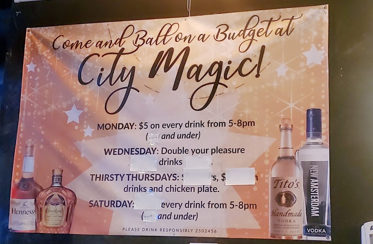City Magic Cocktail Lounge & Restaurant menu board