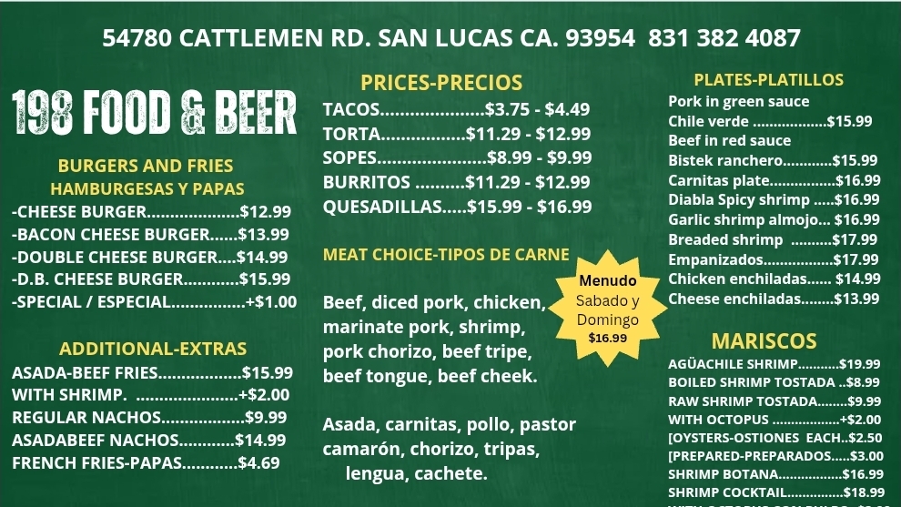 198 Food & Beer menu board