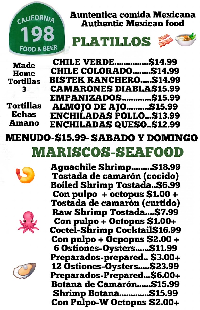 198 Food & Beer menu board