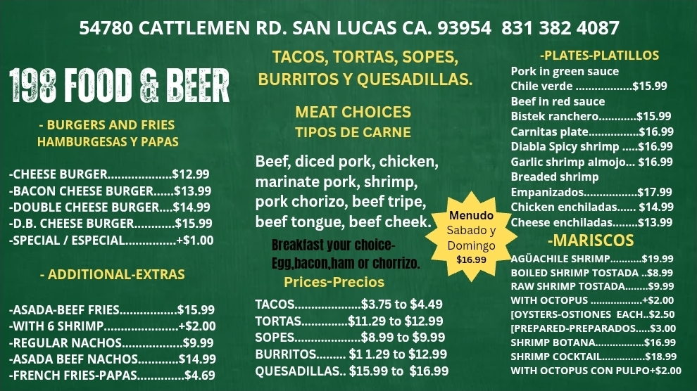 198 Food & Beer menu board