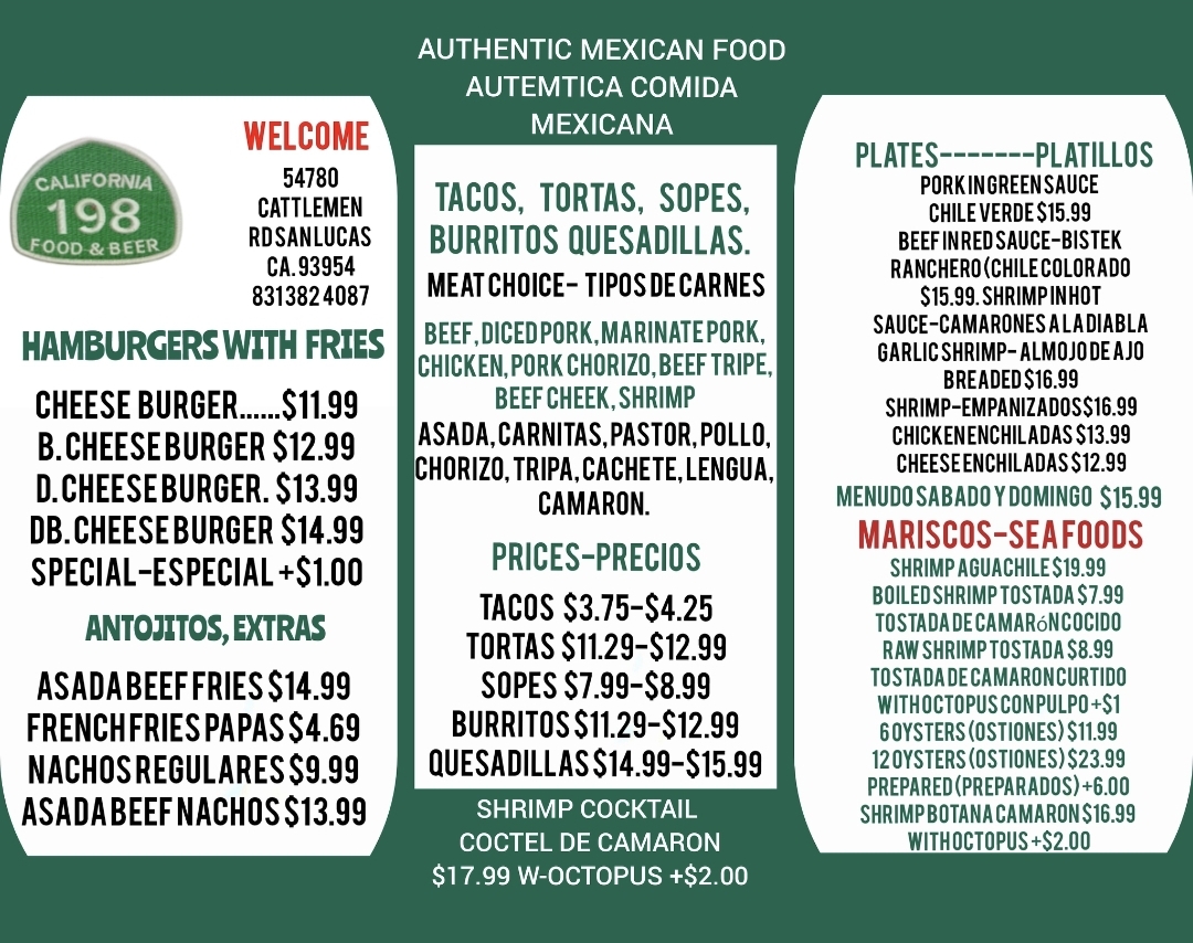 198 Food & Beer menu board