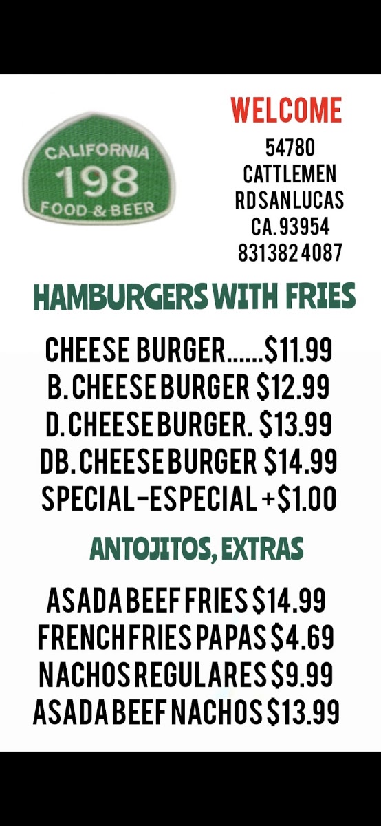 198 Food & Beer menu board