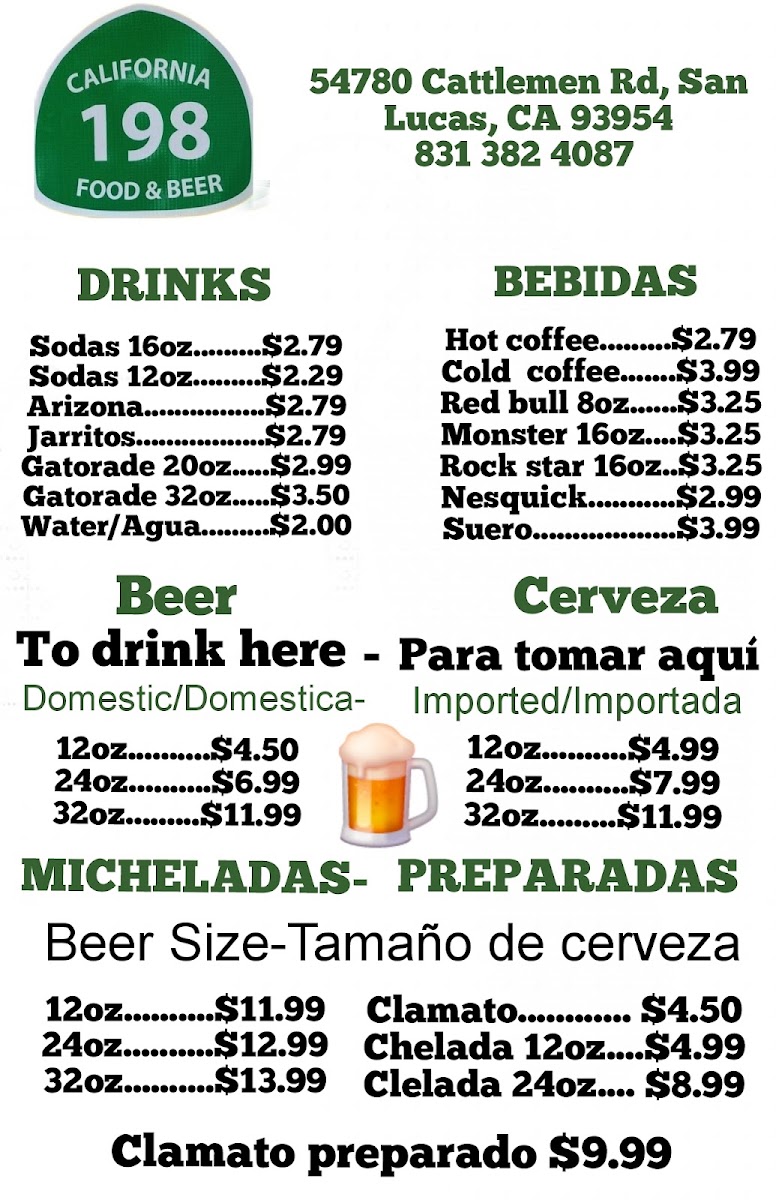 198 Food & Beer menu board
