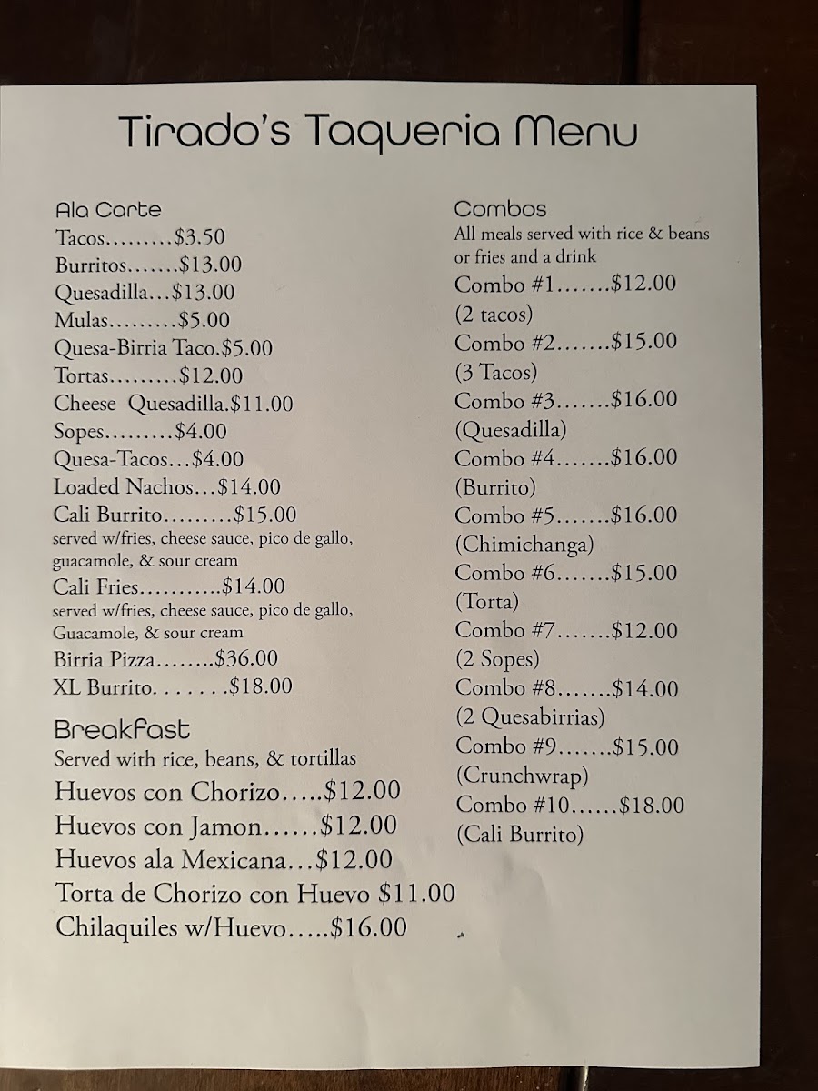 Tirado's Taqueria menu board