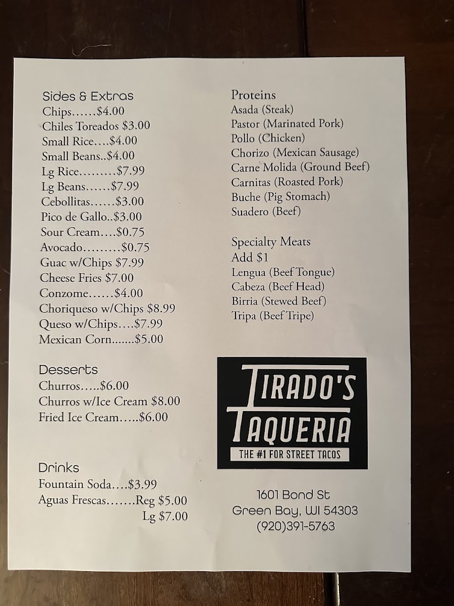 Tirado's Taqueria menu board