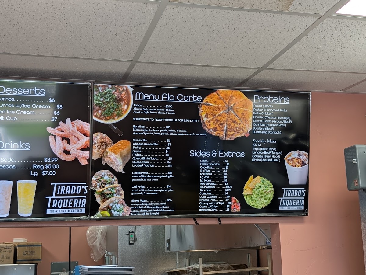 Tirado's Taqueria menu board