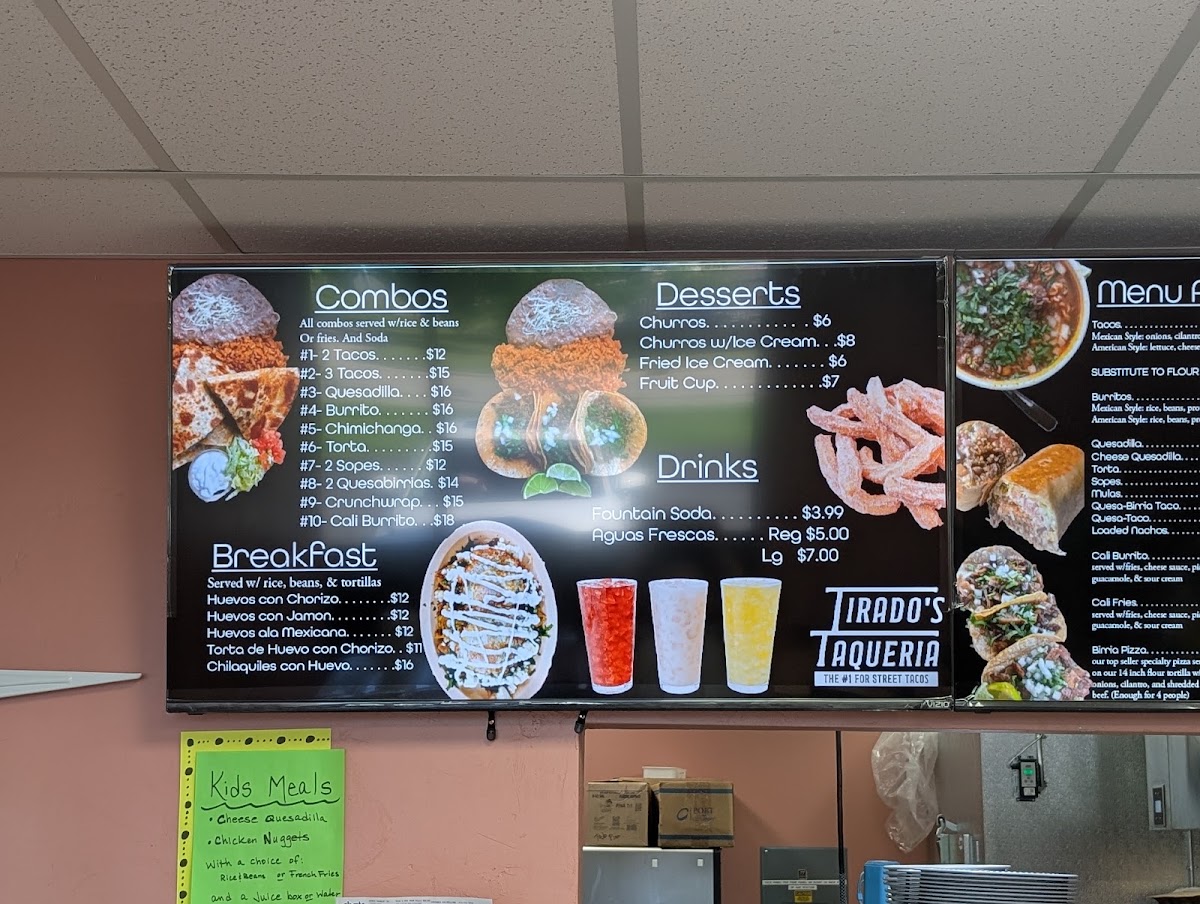 Tirado's Taqueria menu board
