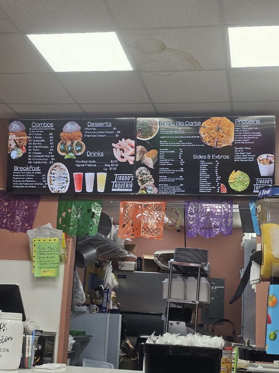 Tirado's Taqueria menu board