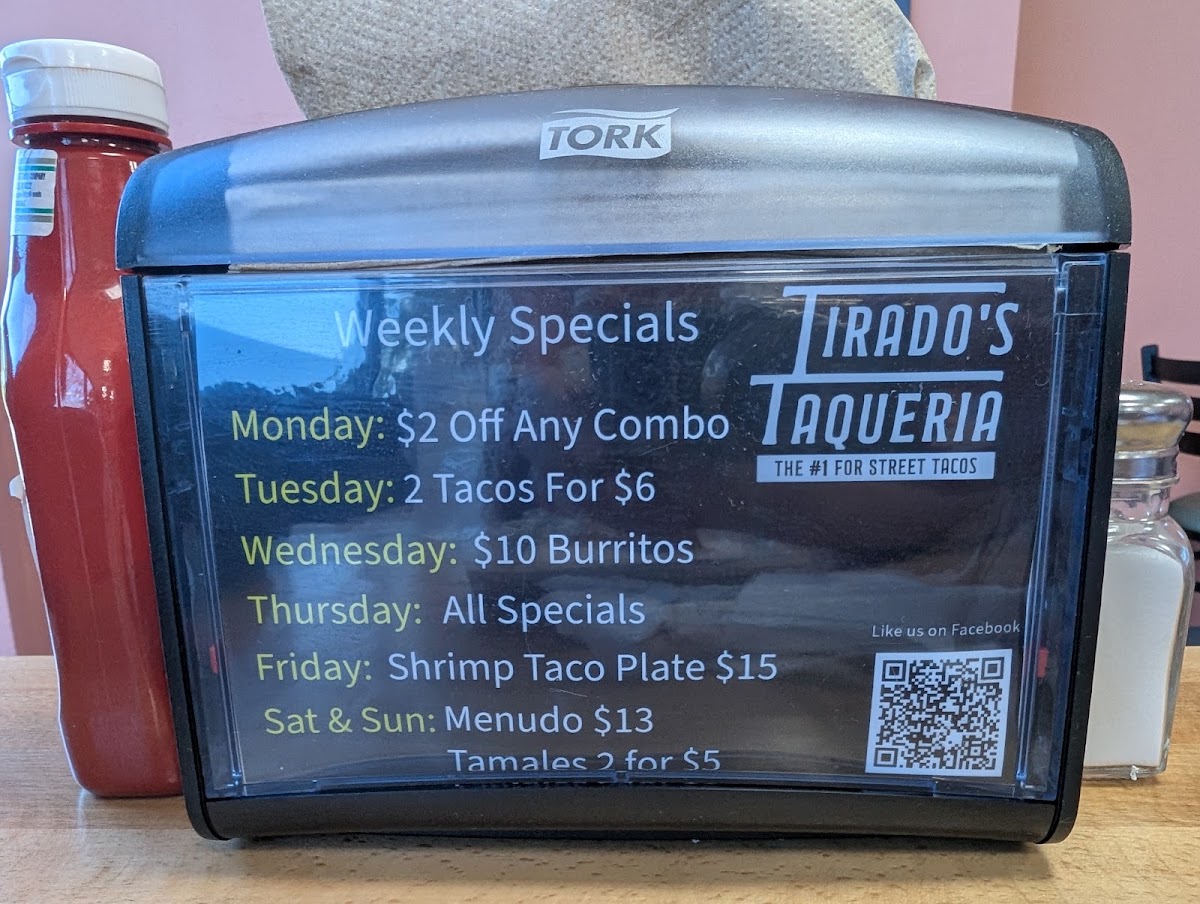 Tirado's Taqueria menu board