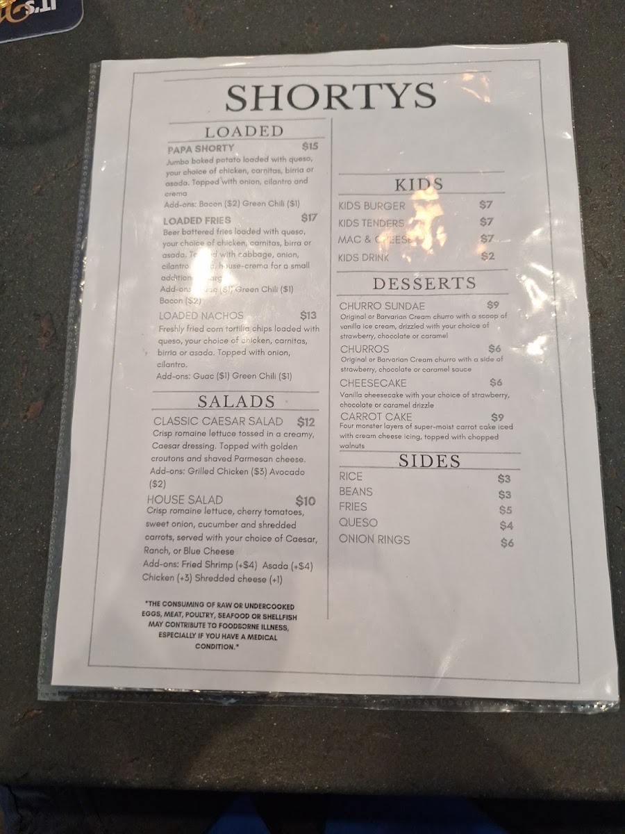 Shorty’s Olde Town Grill menu board