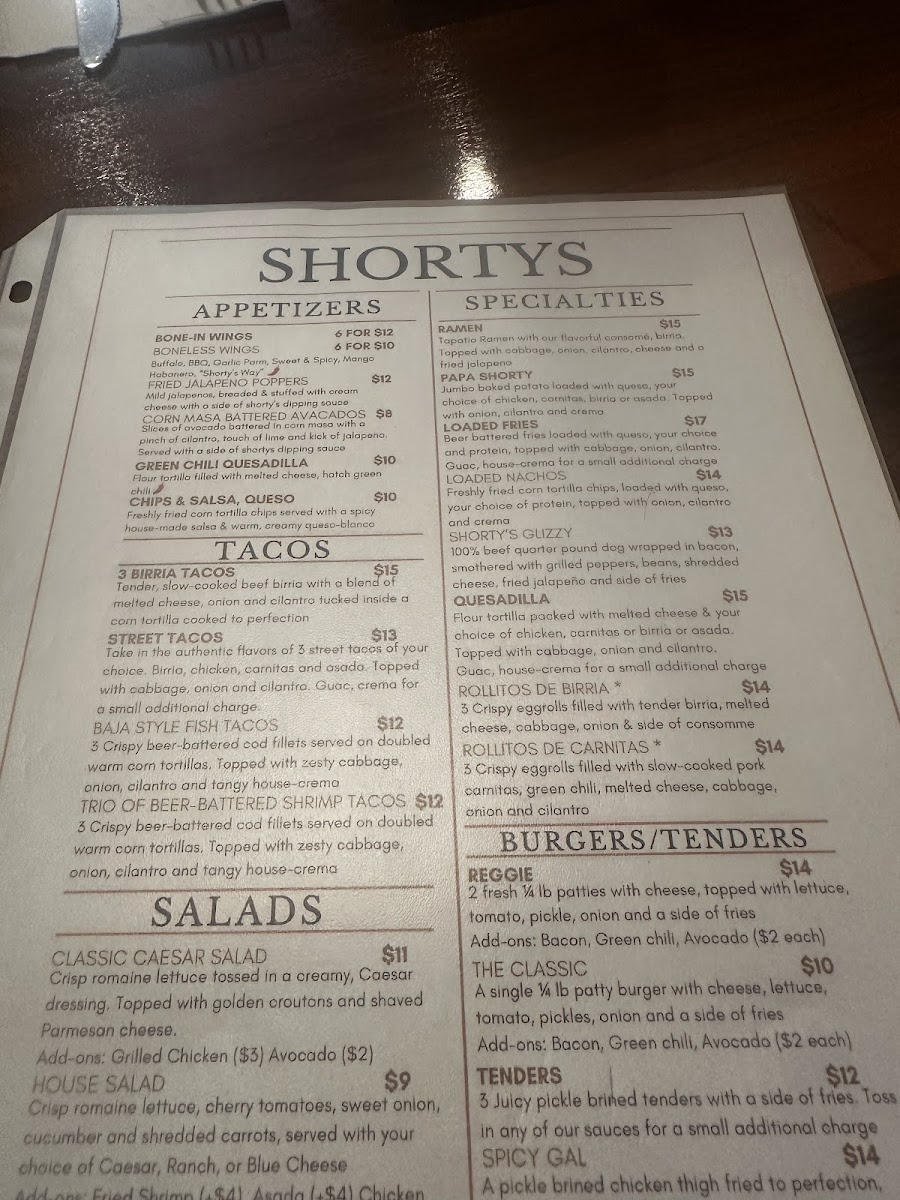 Shorty’s Olde Town Grill menu board