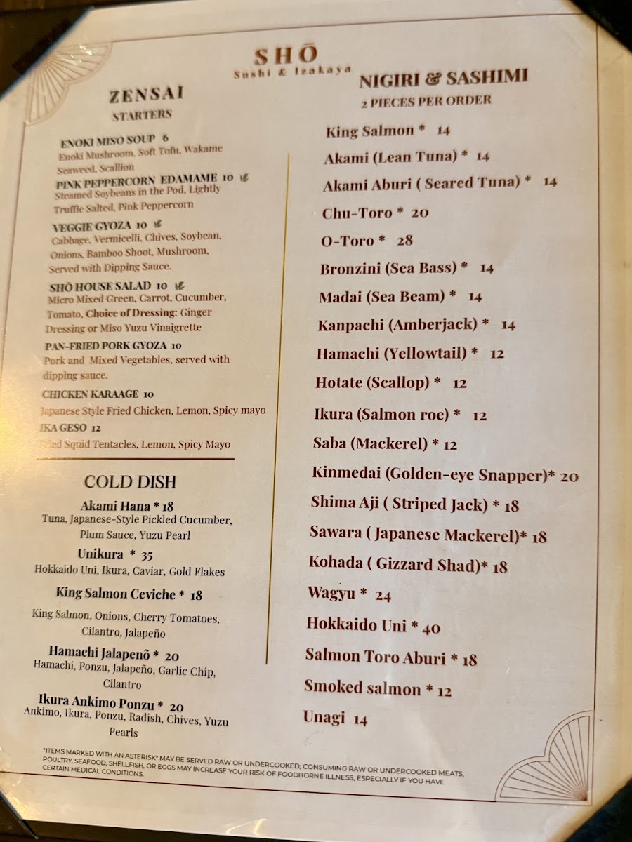 SHō Sushi & Izakaya menu board