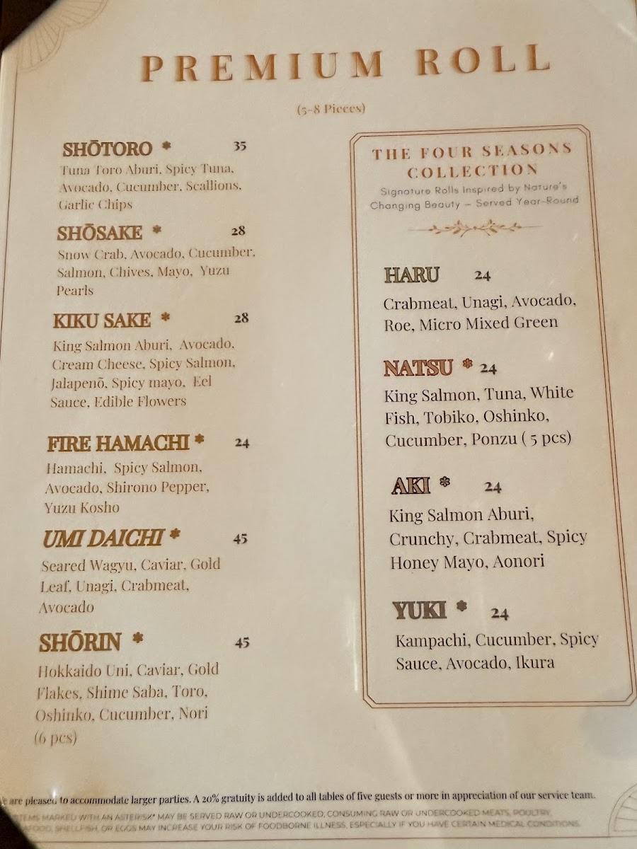 SHō Sushi & Izakaya menu board