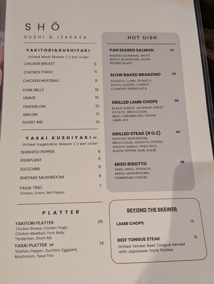 SHō Sushi & Izakaya menu board