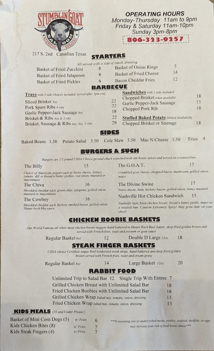 The Stumblin' Goat Saloon menu board