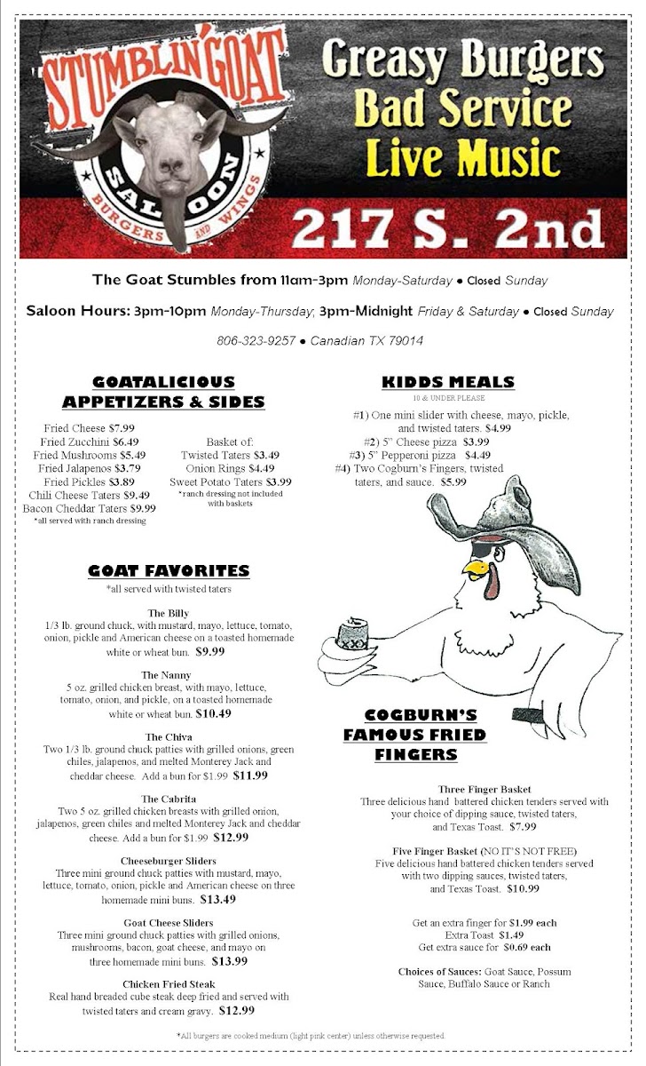 The Stumblin' Goat Saloon menu board