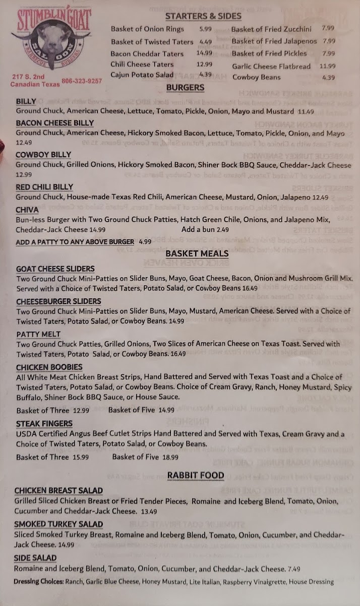 The Stumblin' Goat Saloon menu board