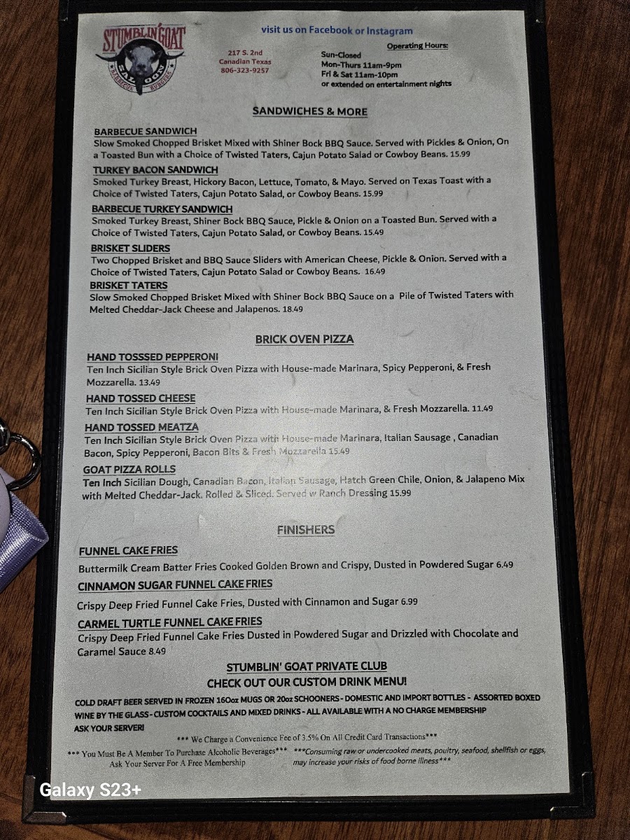 The Stumblin' Goat Saloon menu board
