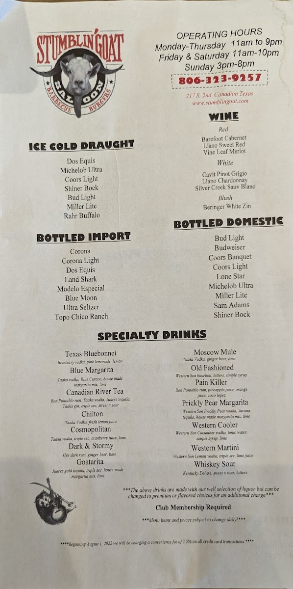 The Stumblin' Goat Saloon menu board