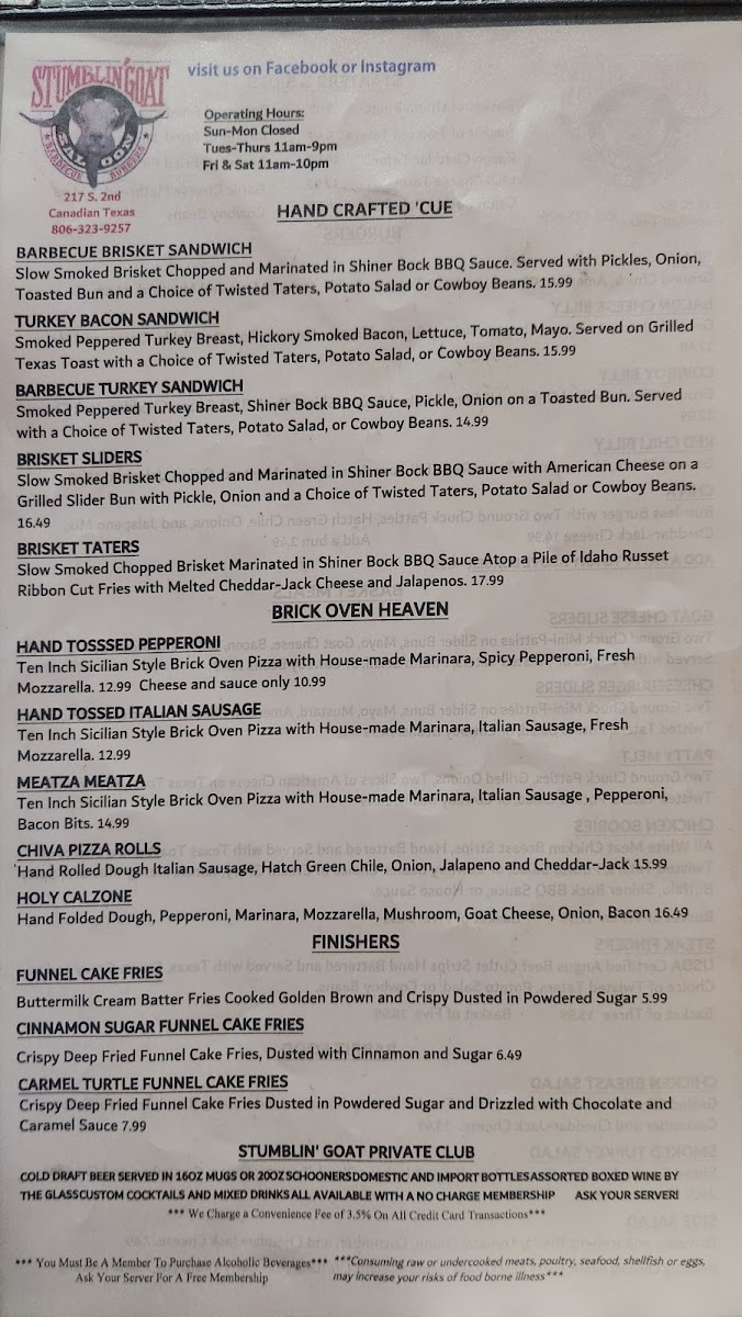 The Stumblin' Goat Saloon menu board
