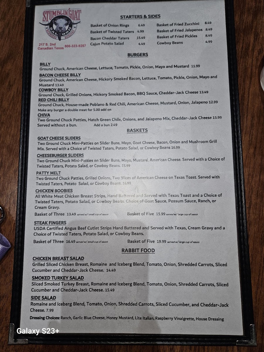 The Stumblin' Goat Saloon menu board