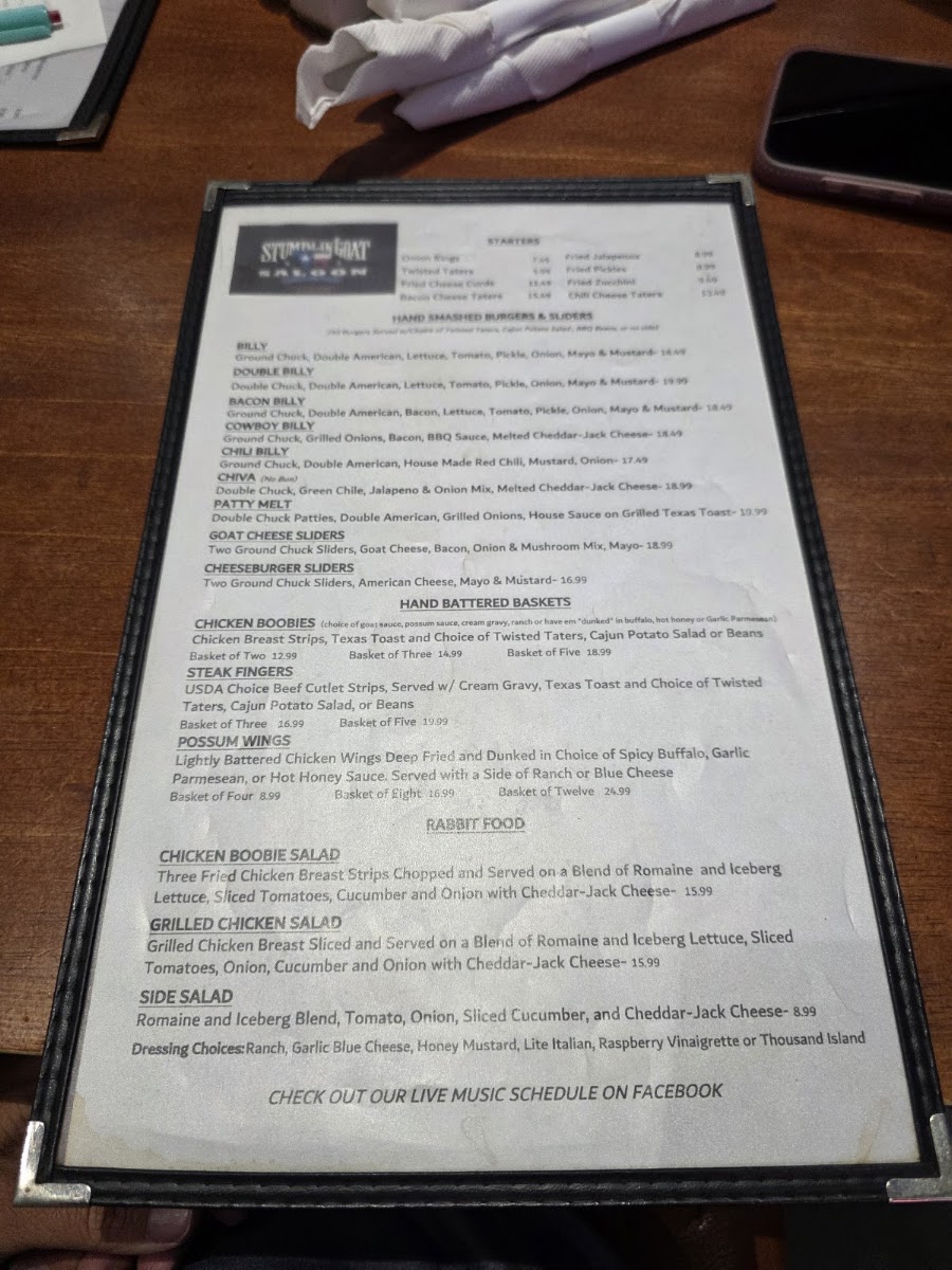 The Stumblin' Goat Saloon menu board
