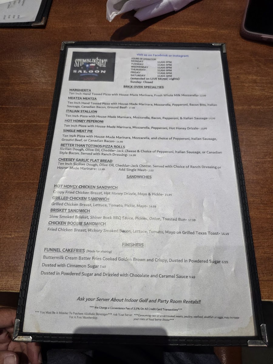 The Stumblin' Goat Saloon menu board