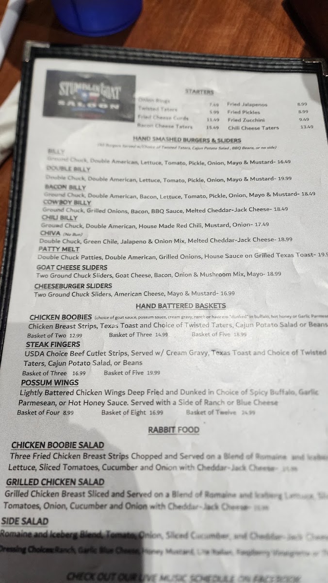 The Stumblin' Goat Saloon menu board