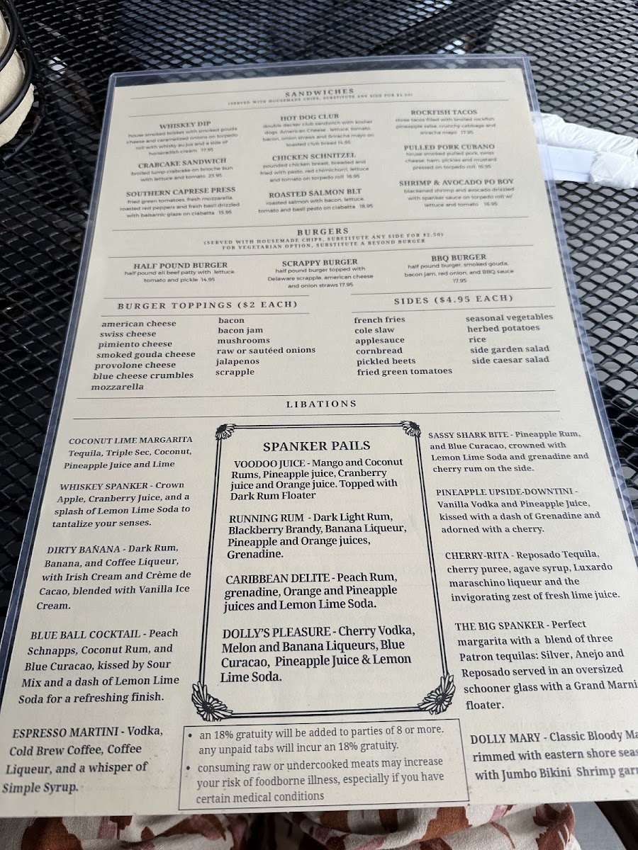 Dolly Spanker's menu board