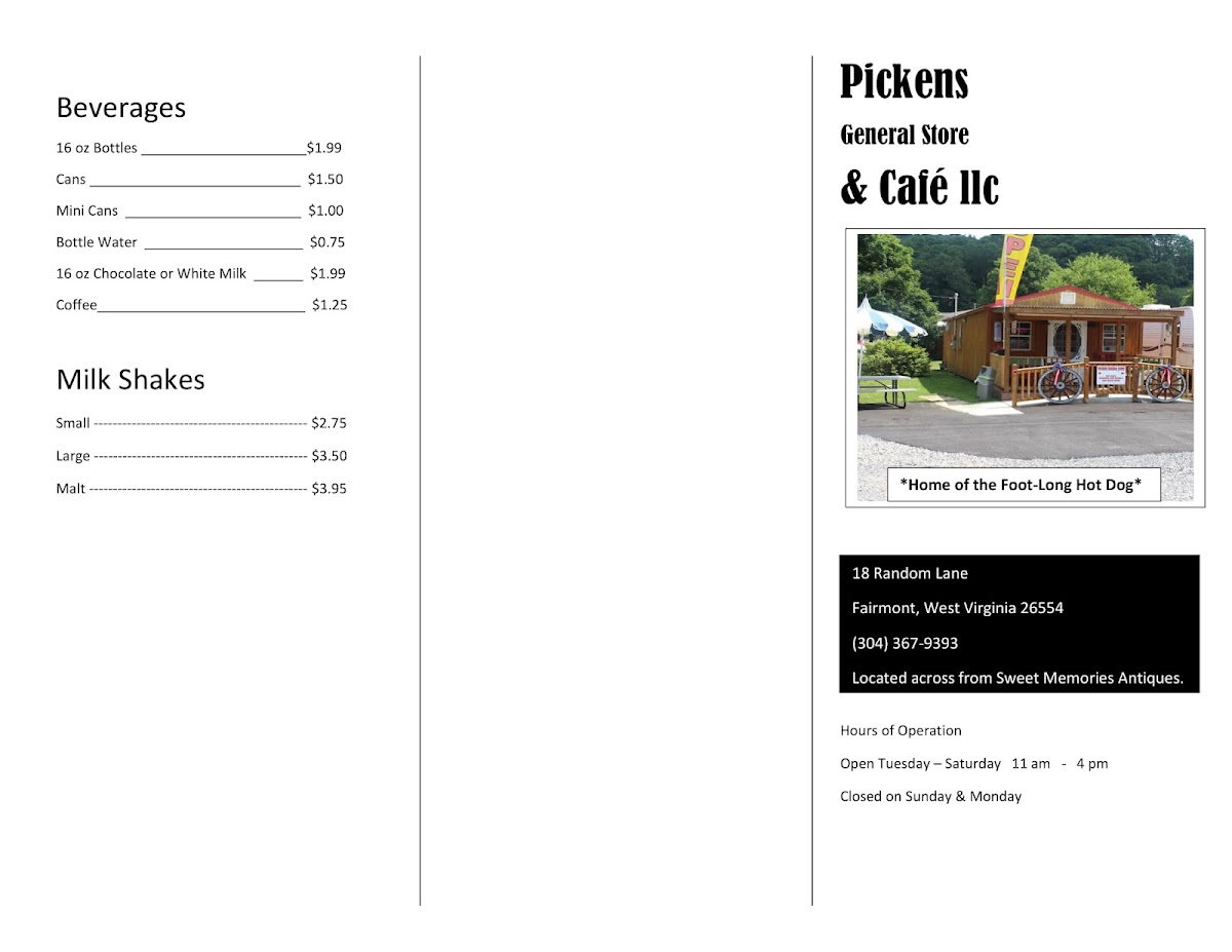 Pickens General Store & Cafe' llc menu board