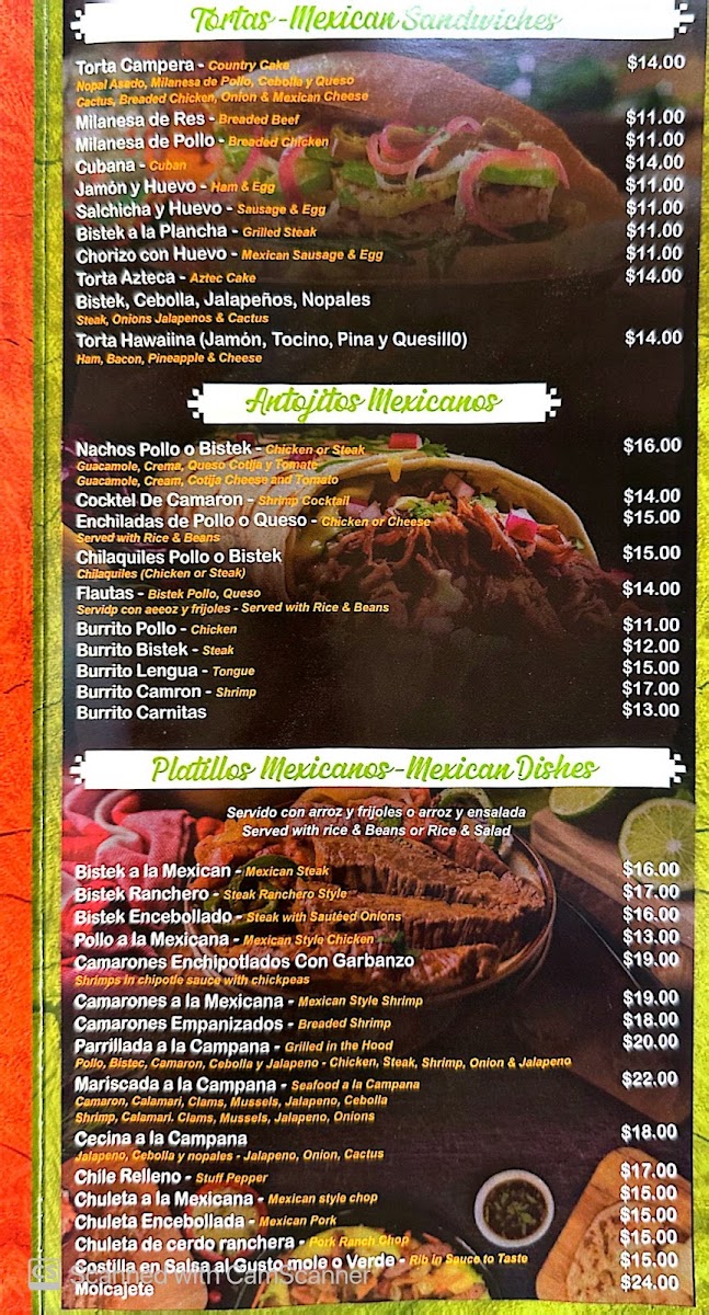 Los Pastorcitos G’s menu board