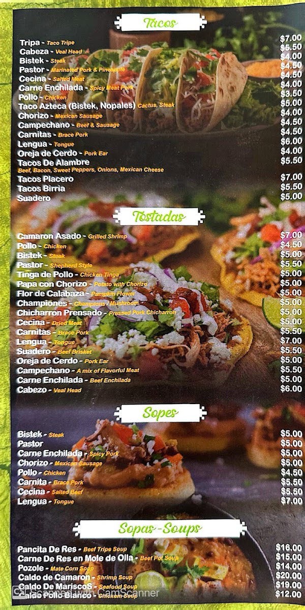 Los Pastorcitos G’s menu board