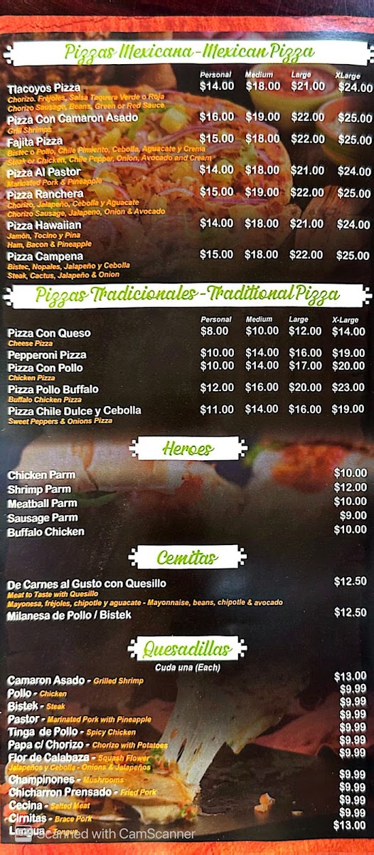 Los Pastorcitos G’s menu board