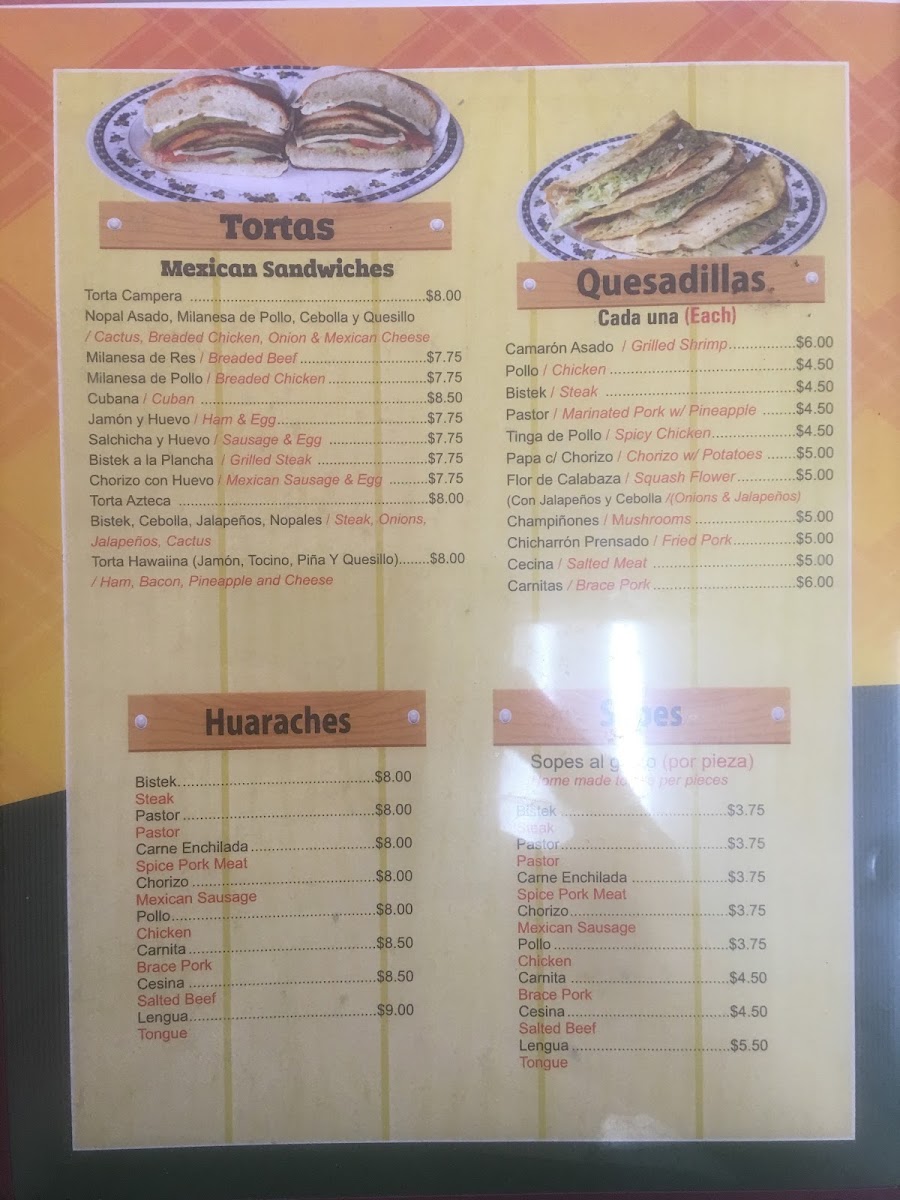 Los Pastorcitos G’s menu board