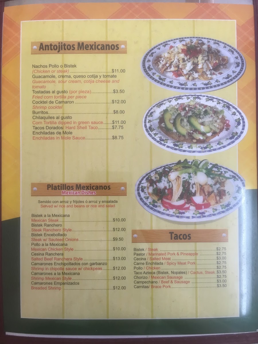 Los Pastorcitos G’s menu board