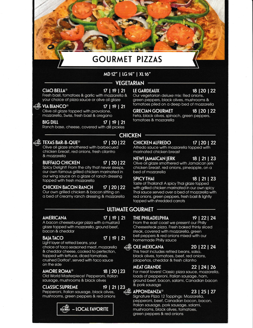 Pizza World menu board