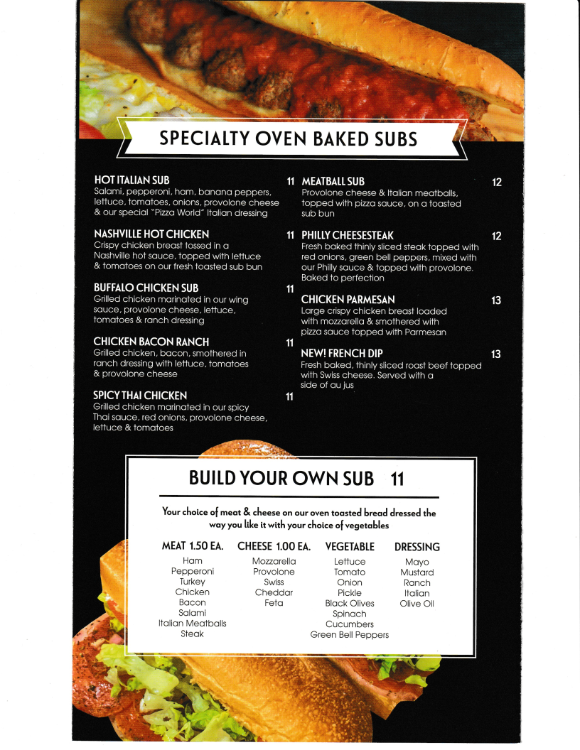 Pizza World menu board