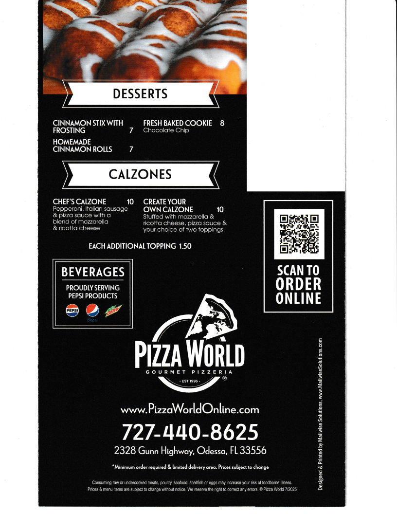 Pizza World menu board