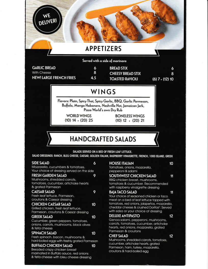 Pizza World menu board