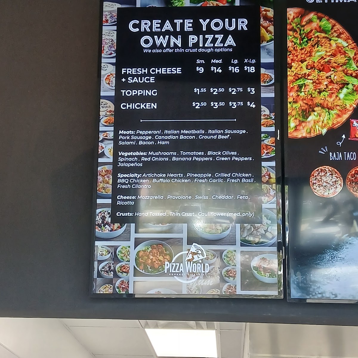 Pizza World menu board