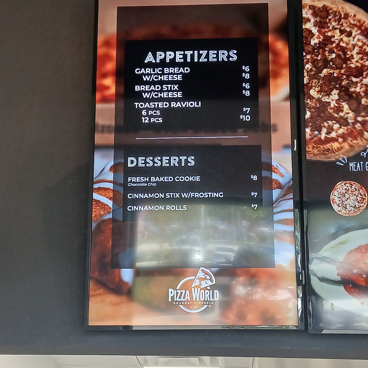 Pizza World menu board