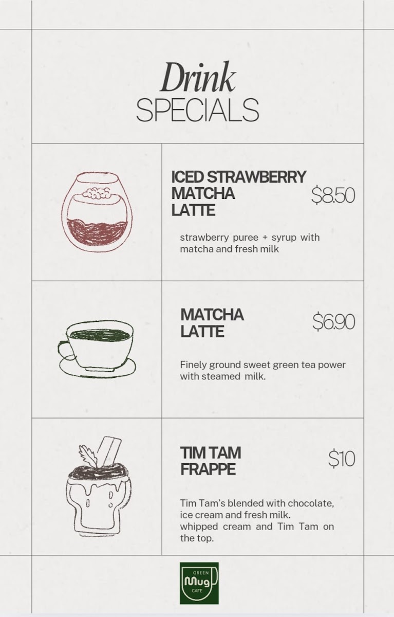 Green Mug Cafe menu board