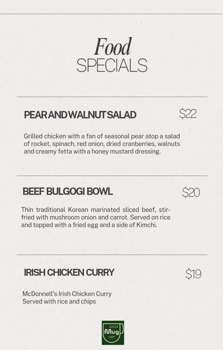 Green Mug Cafe menu board