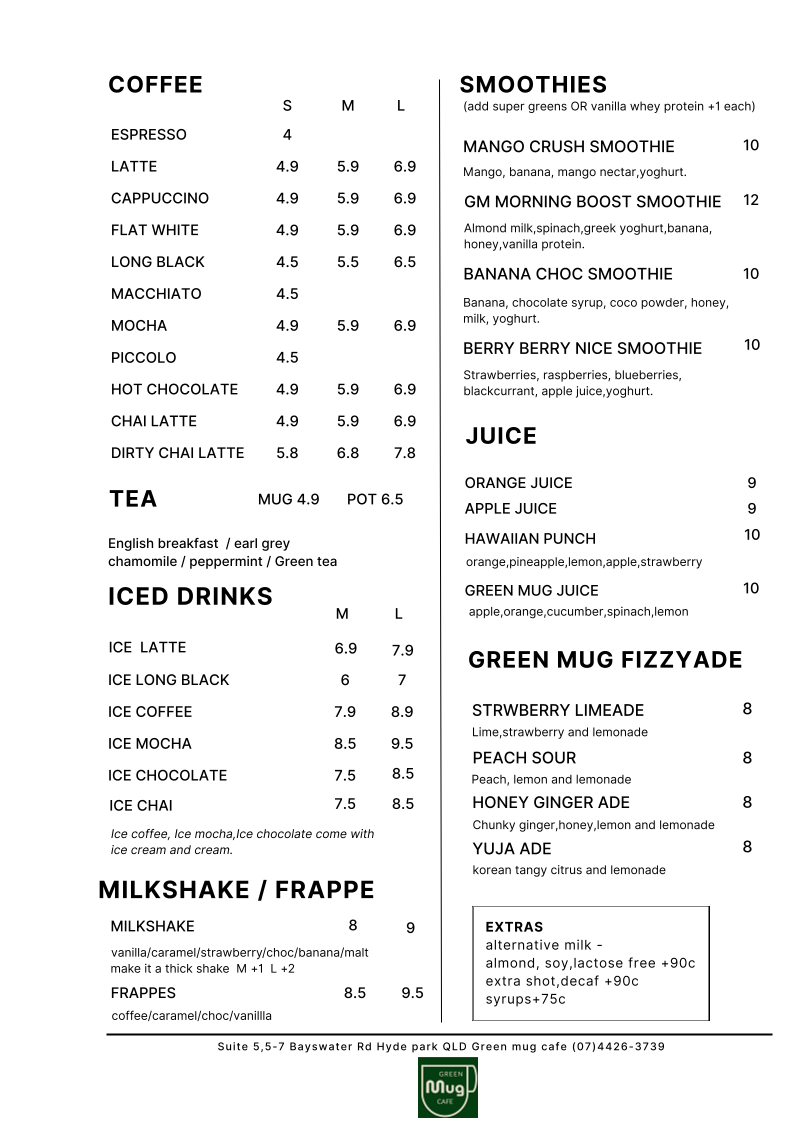 Green Mug Cafe menu board