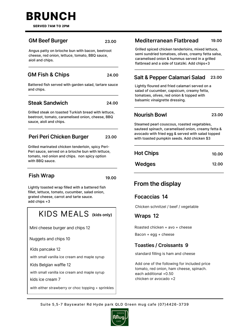 Green Mug Cafe menu board