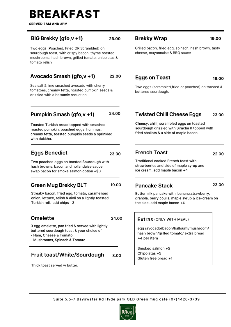Green Mug Cafe menu board