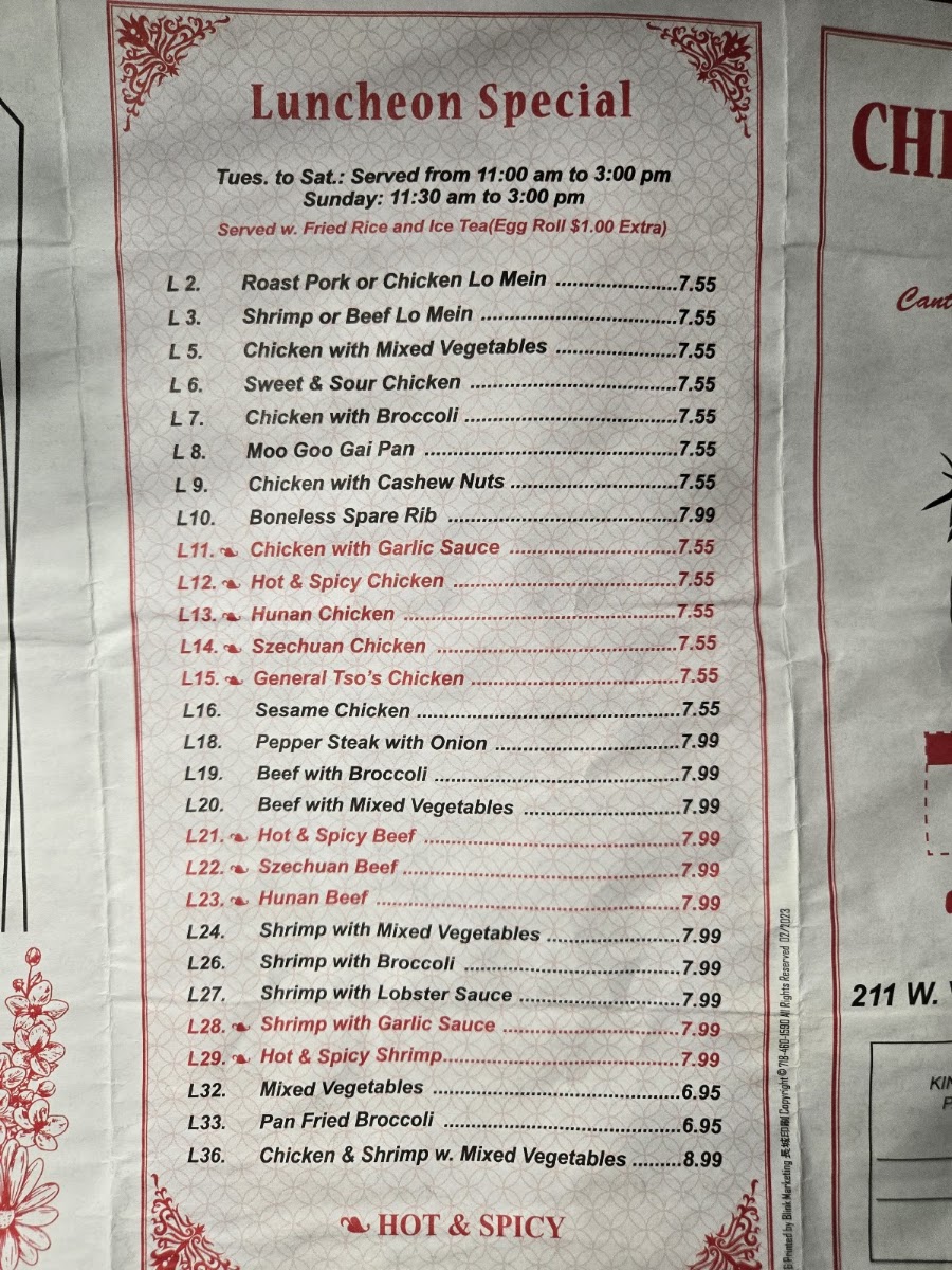 Chen's Chinese menu board